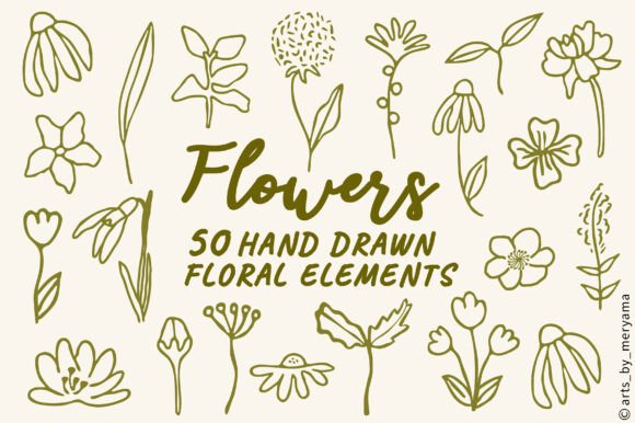50 Hand Drawn Flowers & Botanical Elements: Elevate Your Spring Designs with Versatile Floral Graphics