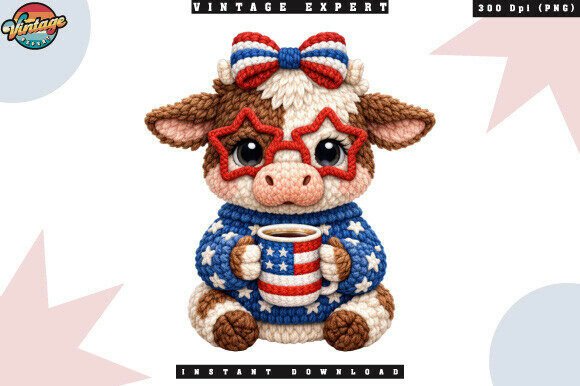 Cute Patriotic Cow Crochet Yarn Faux PNG
