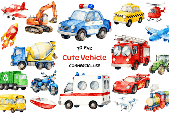 Cute Vehicle Watercolor Clipart Bundle
