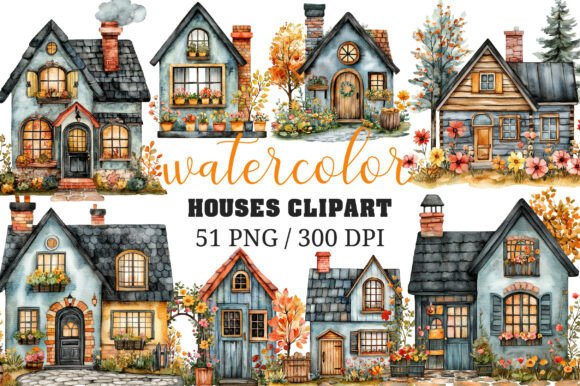 Enhance Your Creative Projects with Watercolor Houses Clipart PNG