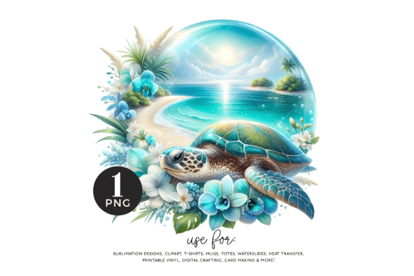 Floral Beach Turtle PNG Design for Creative Projects