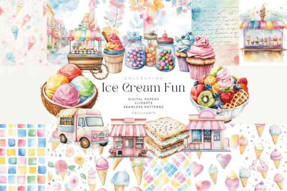 Ice Cream Fun Collection: Sweeten Your Designs with Whimsical Watercolor Art