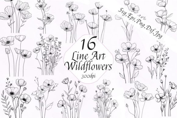 Line Art Wildflowers Sublimation Clipart for Creative Projects