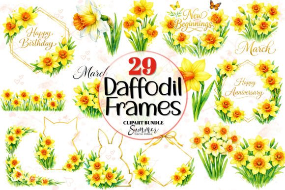 March Daffodil Floral Frames Clipart: Brighten Your Creative Projects with Spring’s Cheerful Touch
