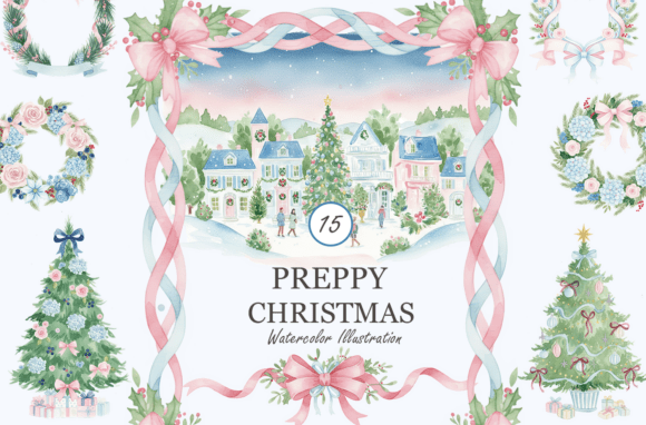 Preppy Christmas Clipart Set: Watercolor-Inspired Design for Stylish Holiday Projects