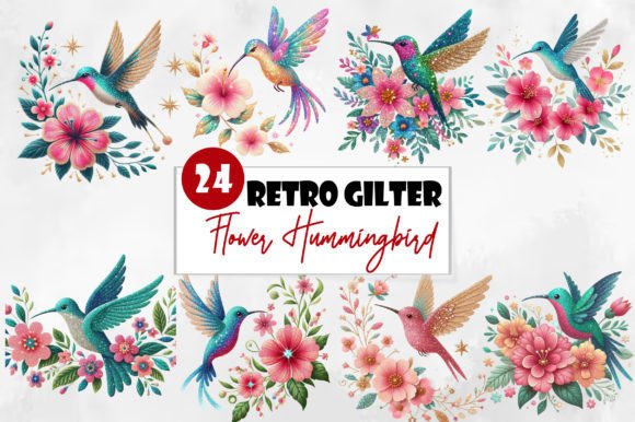 Retro Gilter Flower Hummingbird Clipart: Timeless Design for Creative Projects