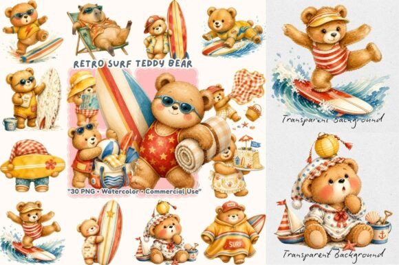 Retro Surfboard Teddy Bear Watercolor: A Creative Resource for Summer Vibes and Vintage Charm