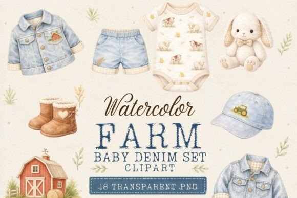 Watercolor Farm Baby Denim Clipart: A Versatile Design Resource for Modern Crafters