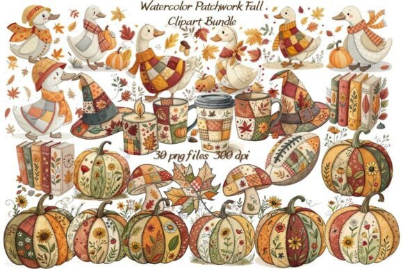 Watercolor Patchwork Fall Clipart Bundle