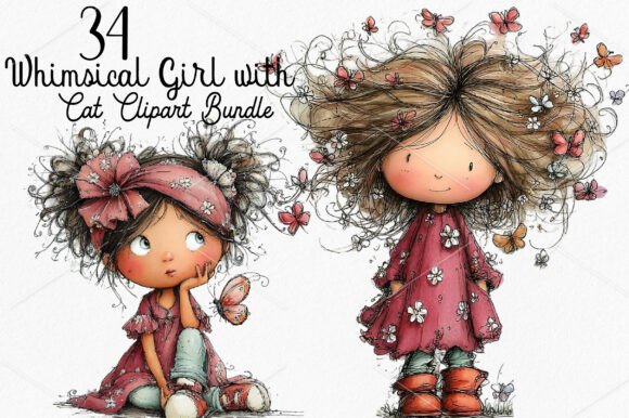 Whimsical Girl with Butterfly Clipart